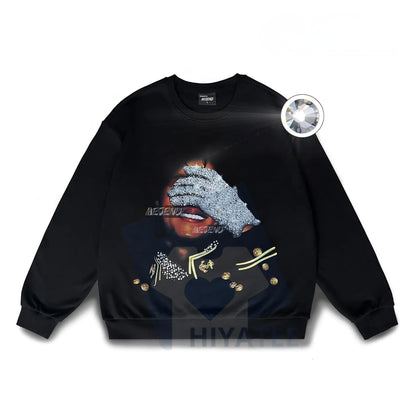 Unisex 100% Cotton Long Sleeve Sweatshirt: Sparkly Rhinestone Graphic Top, Oversized Streetwear Pullover, Casual Outfit - Hiyatee