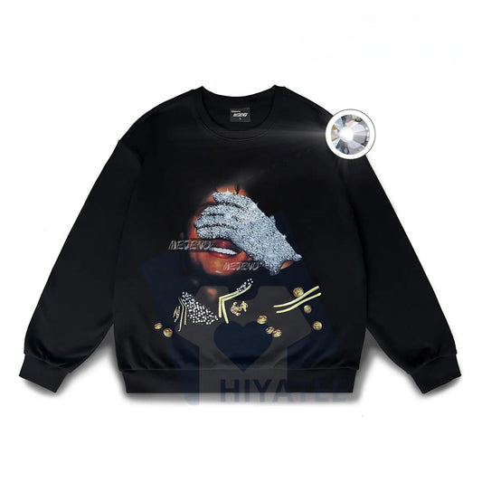 Unisex 100% Cotton Long Sleeve Sweatshirt: Sparkly Rhinestone Graphic Top, Oversized Streetwear Pullover, Casual Outfit - Hiyatee