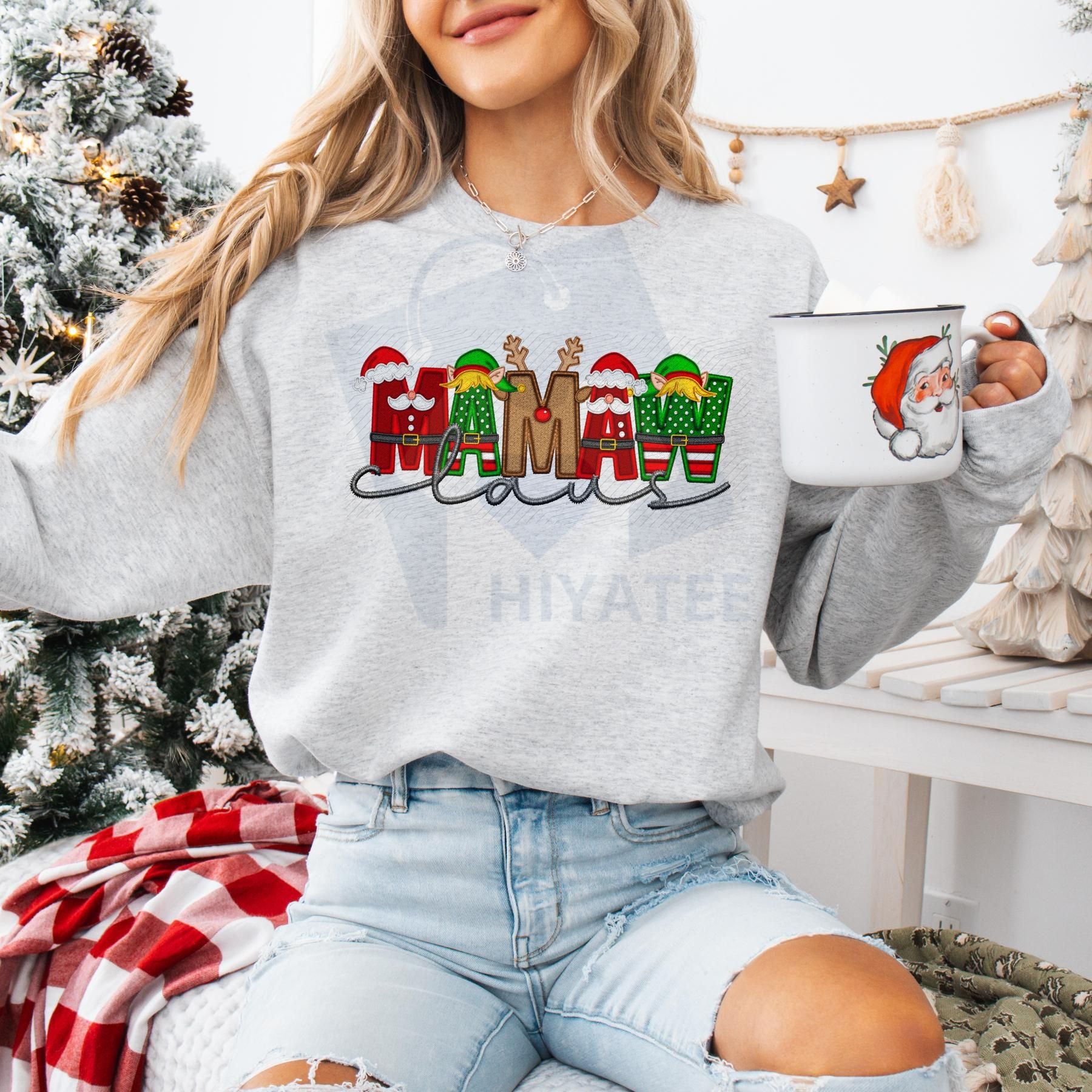 Unisex Faux Embroidery Santa Claus Sweatshirt – Vintage Holiday Pullover, Cozy Christmas Gift - Hiyatee