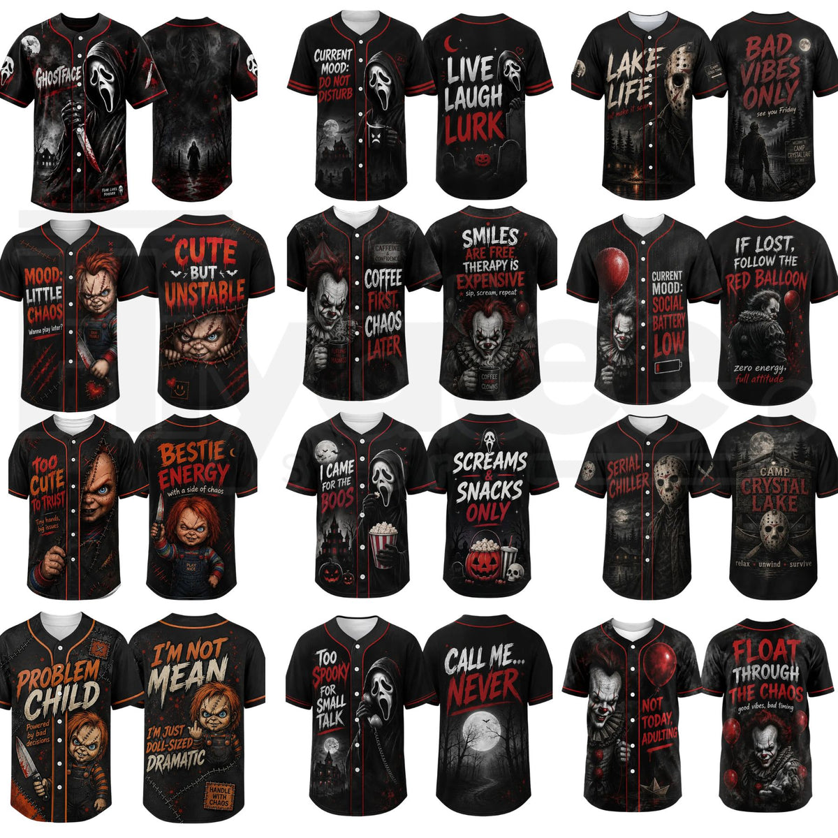 Unisex Horror Graphic Print Baseball Jersey – Slasher Theme Button-Up Shirt - Hiyatee