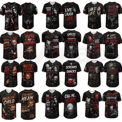Unisex Horror Graphic Print Baseball Jersey – Slasher Theme Button-Up Shirt - Hiyatee