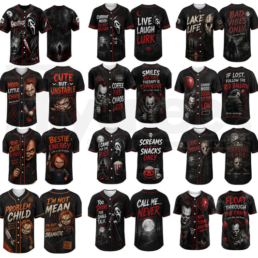 Unisex Horror Graphic Print Baseball Jersey – Slasher Theme Button-Up Shirt - Hiyatee