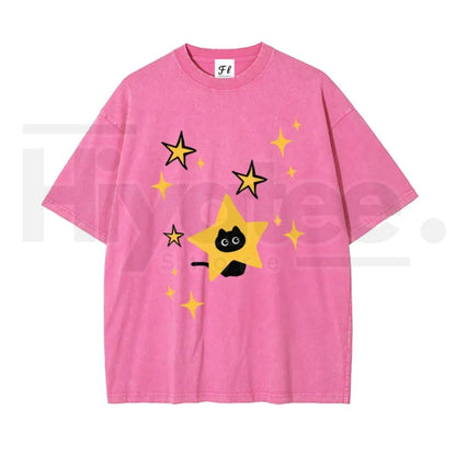 Unisex Minimalist Black Cartoon Kitten and Five-Pointed Star Graphic Washed T-Shirt – Y2K Vintage Oversized Cotton Top - Hiyatee