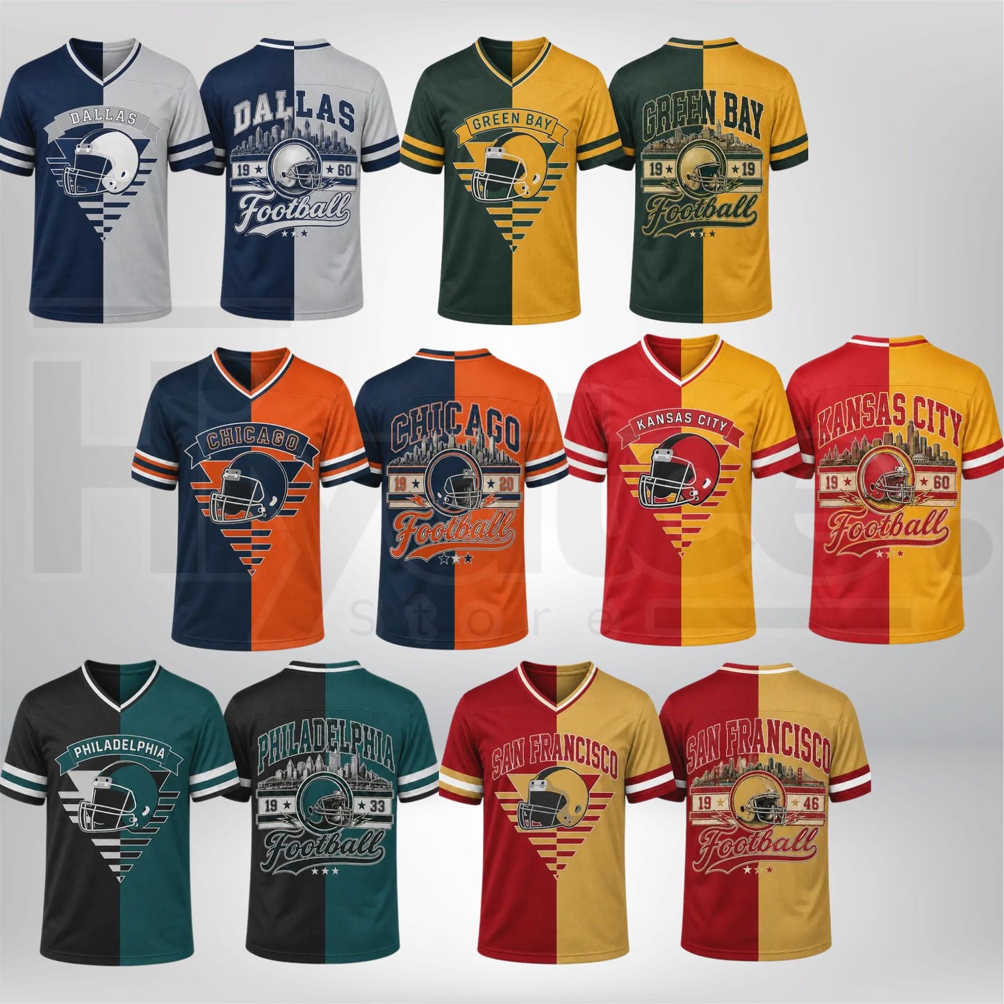 Unisex Two-Tone Split Fan Jersey – Loose V-Neck Striped Cuffs Watch Party Top - Hiyatee