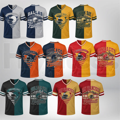Unisex Two-Tone Split Fan Jersey – Loose V-Neck Striped Cuffs Watch Party Top - Hiyatee