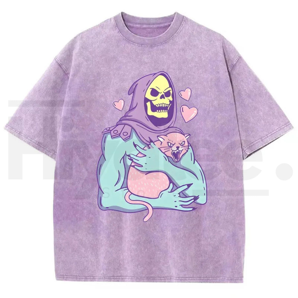 Urban Funny Skull Cat Unisex Graphic T-Shirt – 80s 90s Retro Streetwear Heavyweight Cotton Washed Tee - Hiyatee