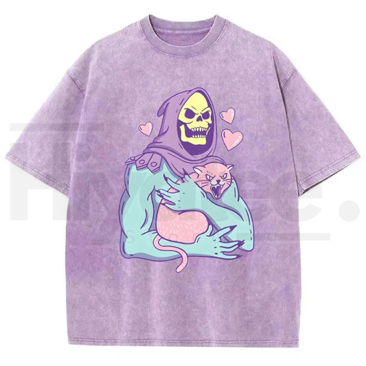 Urban Funny Skull Cat Unisex Graphic T-Shirt – 80s 90s Retro Streetwear Heavyweight Cotton Washed Tee - Hiyatee