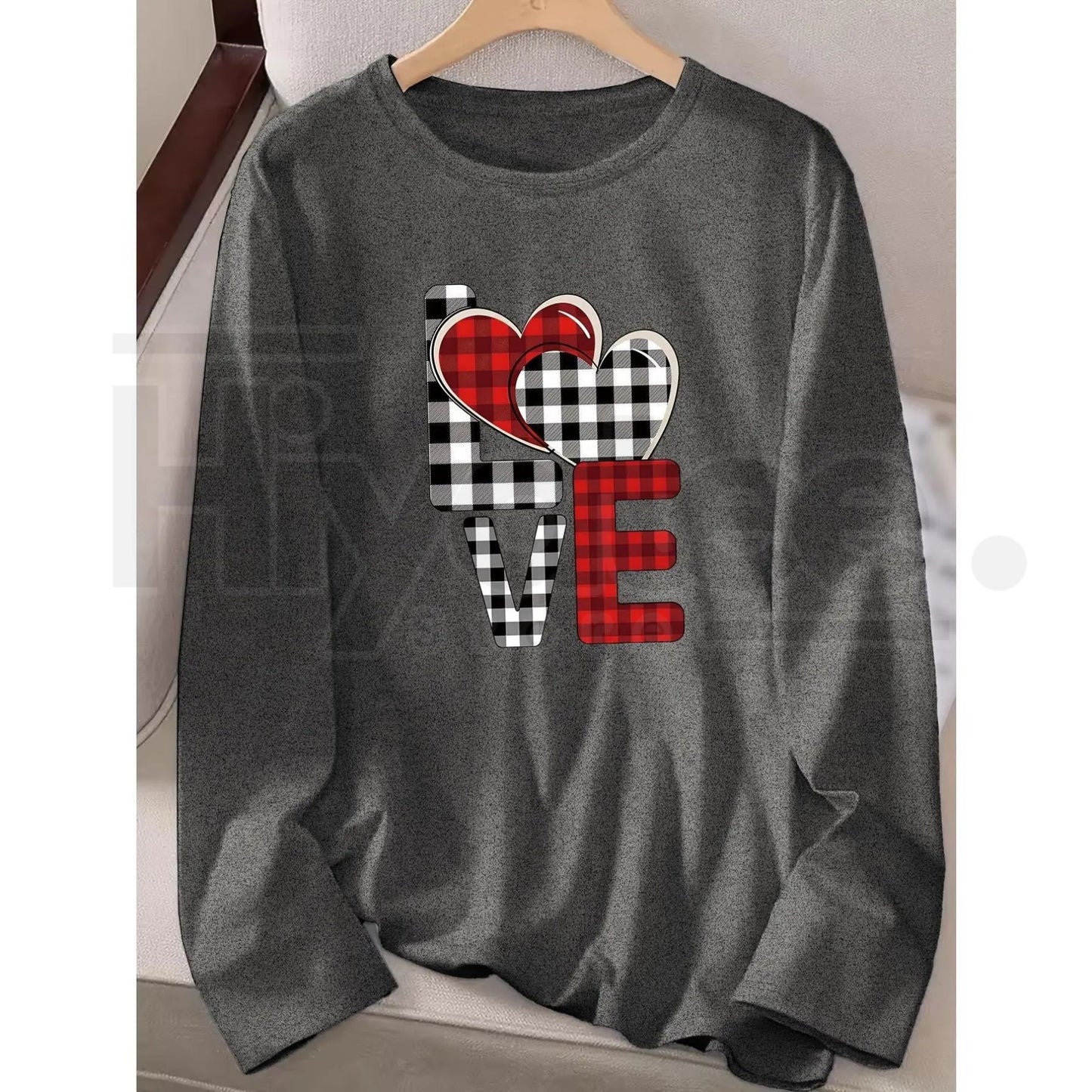 Valentine's Day Heart Print Long Sleeve T-Shirt – Women's Autumn Winter Crew Neck Top with Slight Stretch - Hiyatee
