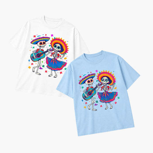 Vibrant Folk Art Skeleton Dance T-Shirt – Colorful Skull & Guitar Spring Summer Graphic Tee - Hiyatee