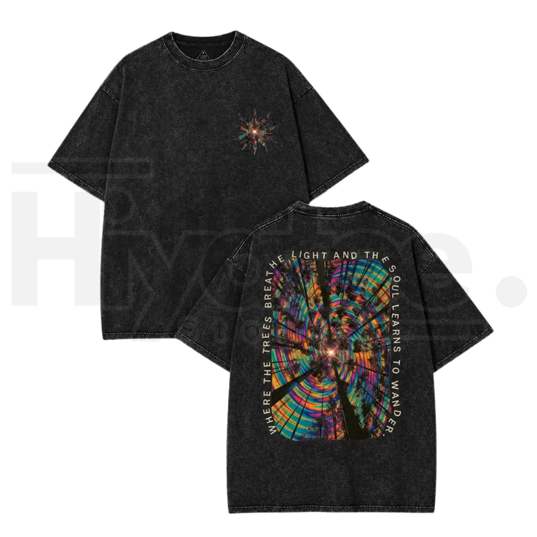 Vintage Acid Wash Trippy Forest Graphic Tee – Psychedelic Festival Y2K Oversized Cotton Shirt - Hiyatee