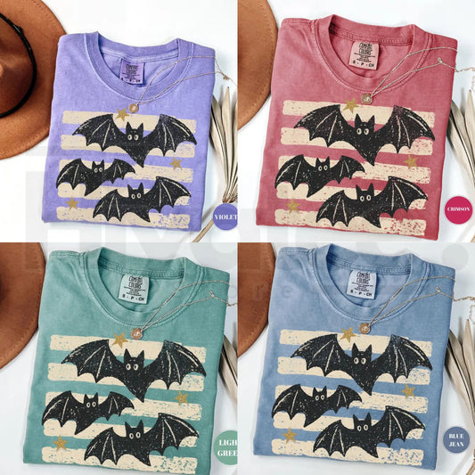Vintage Bat Halloween T-Shirt Retro Spooky Season Boho Witchy Comfort Colors Tee - Hiyatee