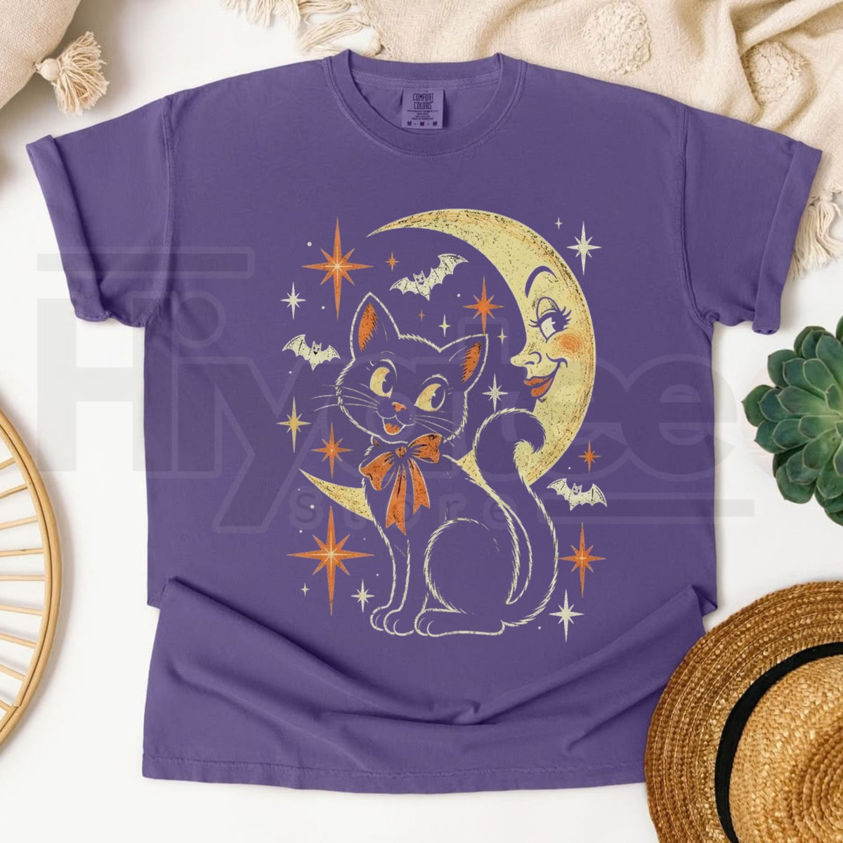 Vintage Black Cat Moon Halloween Tee - Hiyatee