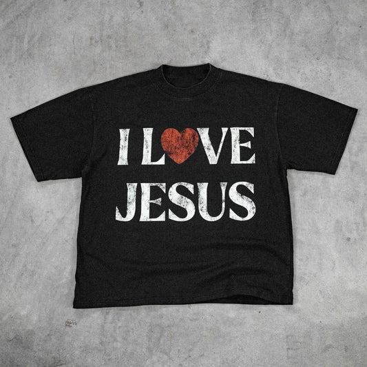 Vintage I Love Jesus Print Short Sleeve T-Shirt – Classic Christian Faith Tee for Men-Hiyatee