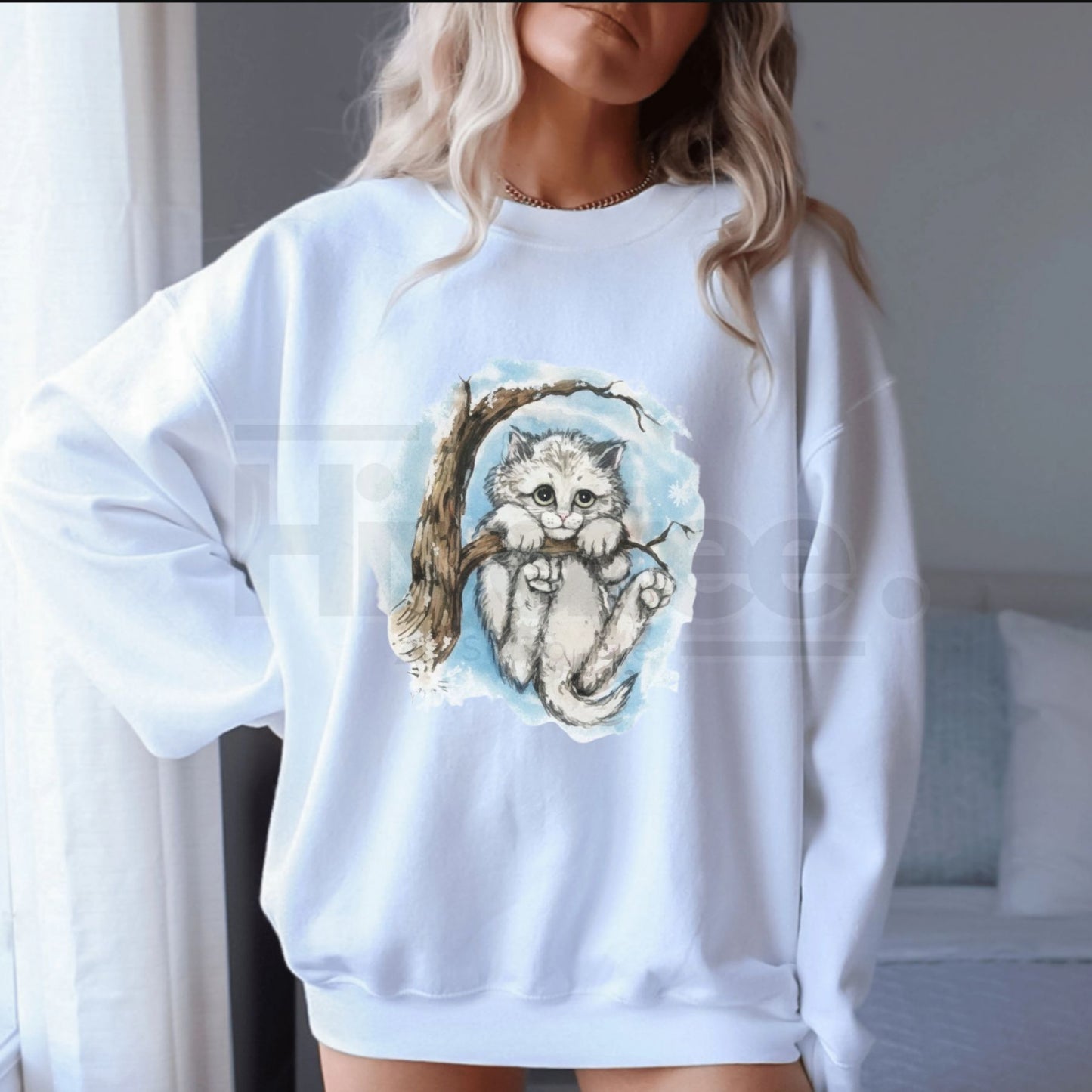 Vintage Kitten Graphic Sweatshirt - Cute Sad Cat in Winter Tree Crewneck Pullover - Hiyatee