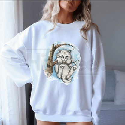 Vintage Kitten Graphic Sweatshirt - Cute Sad Cat in Winter Tree Crewneck Pullover - Hiyatee