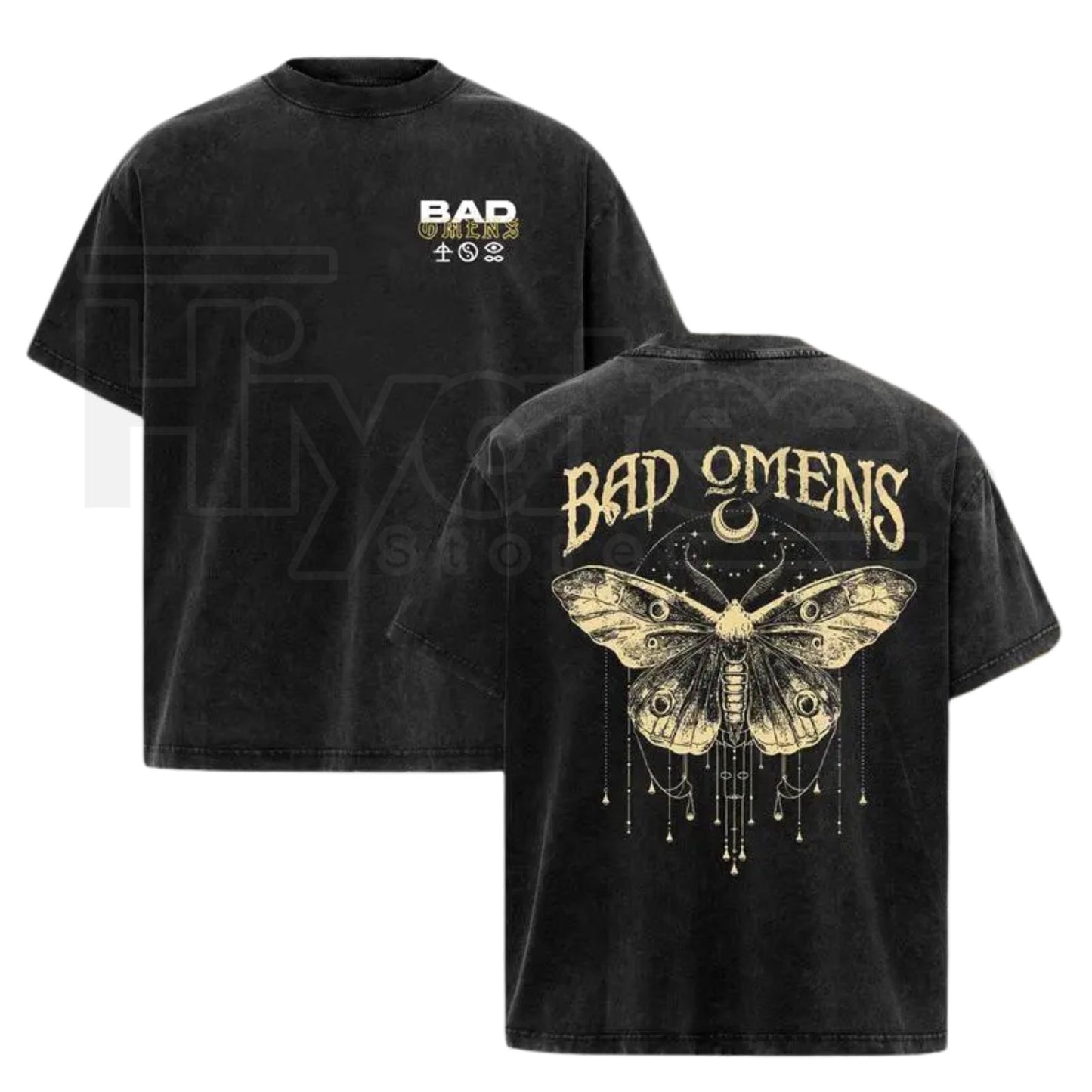 Vintage Moth Graphic Washed T-Shirt – Double-Sided Rock Music Inspired Cotton Tee - Hiyatee