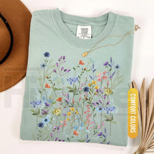 Vintage Pressed Flowers Comfort Colors Shirt Botanical Wildflowers Tee - Hiyatee