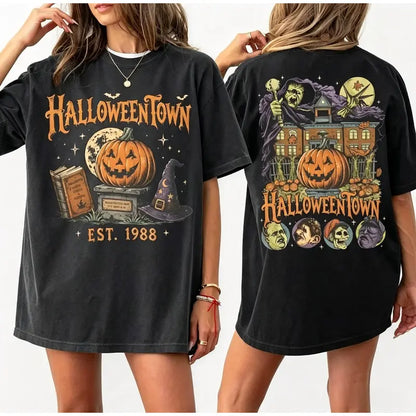 Vintage Pumpkin Witch T-Shirt – Spooky Halloween Double-Sided Graphic Tee-Hiyatee