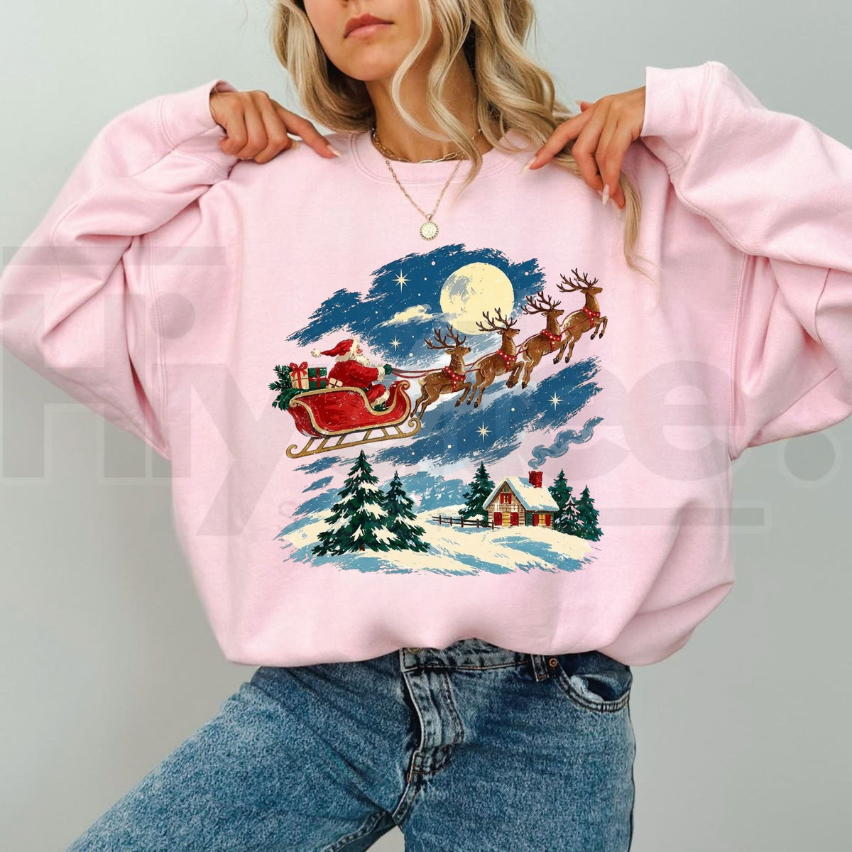 Vintage Santa Sleigh Reindeer Christmas Sweatshirt, Snowy Cottage Winter Holiday Pullover - Hiyatee