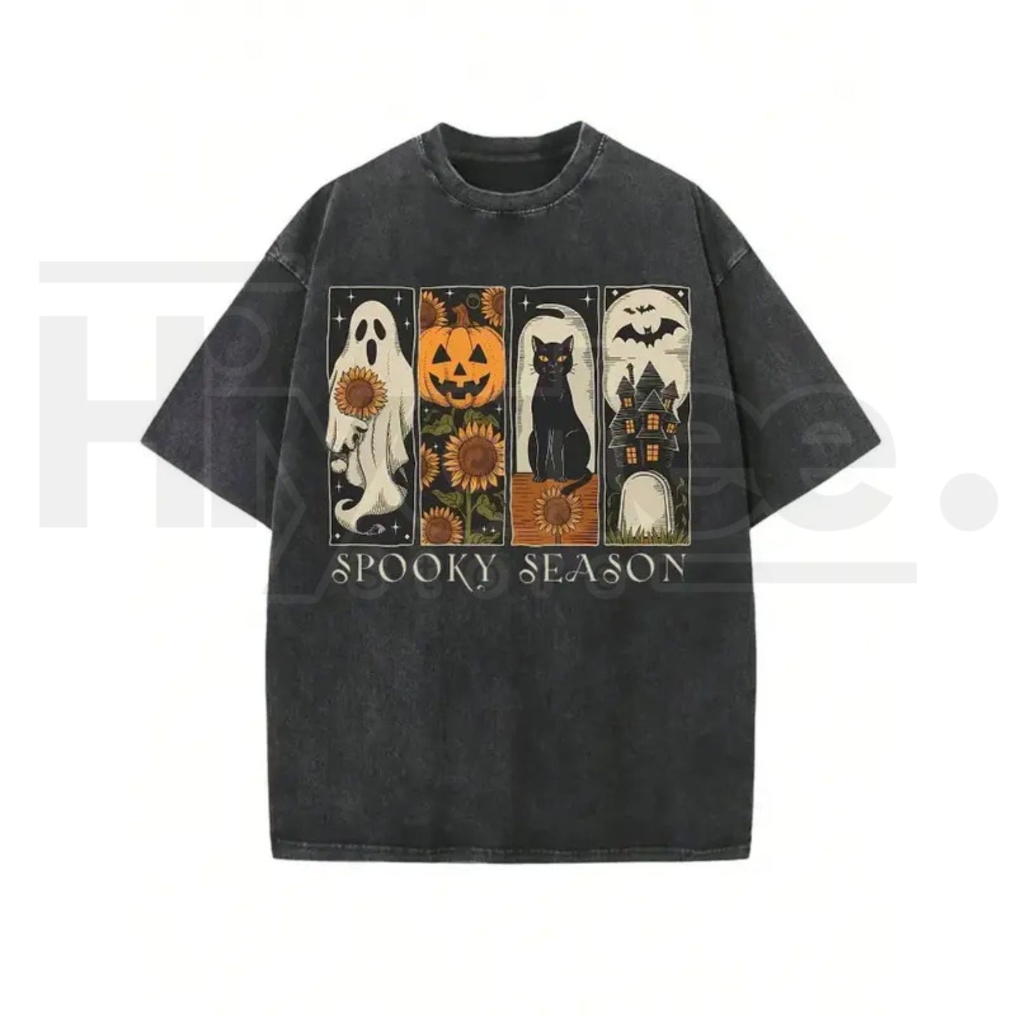 Vintage Spooky Season Four Panel Halloween T-Shirt – Washed Black Oversized Fall Gothic Tee - Hiyatee