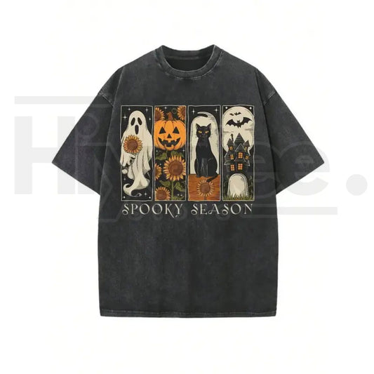 Vintage Spooky Season Four Panel Halloween T-Shirt – Washed Black Oversized Fall Gothic Tee - Hiyatee