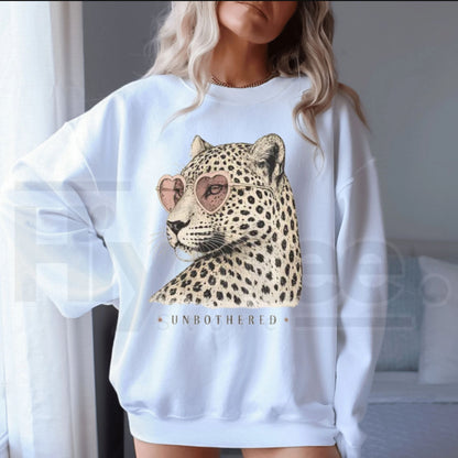 Vintage Unbothered Leopard Graphic Top – Retro Cool Animal Print Crewneck, Casual Chill Vibe Pullover - Hiyatee