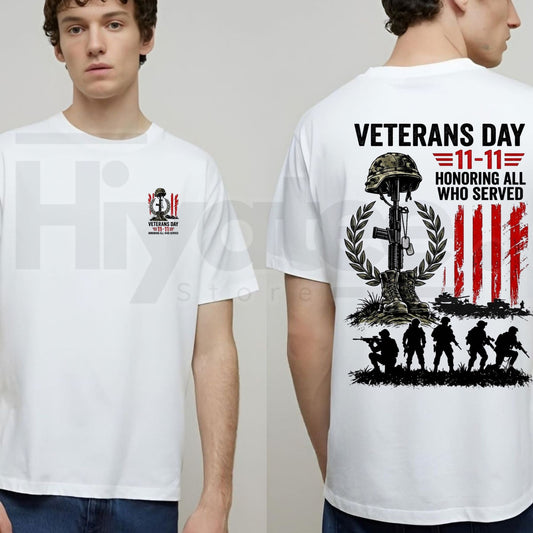 Vintage Veterans Day 11-11 T-Shirt – Honoring All Who Served Patriotic Military Tee - Hiyatee