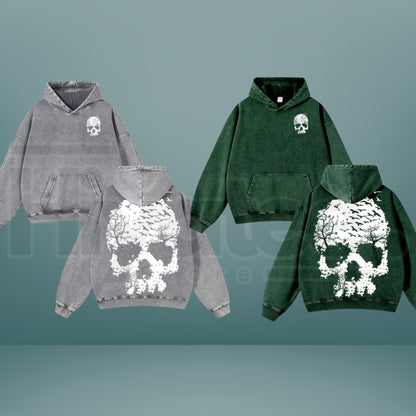 Vintage Washed Skull Print Hoodie – Distressed Skeleton Graphic, Minimal Dark Aesthetic Oversized Sweatshirt - Hiyatee