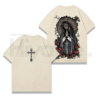 Virgin Mary Graphic T-Shirt – Washed Black Heavy Cotton Gothic Streetwear Tee - Hiyatee