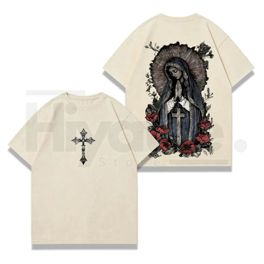Virgin Mary Graphic T-Shirt – Washed Black Heavy Cotton Gothic Streetwear Tee - Hiyatee
