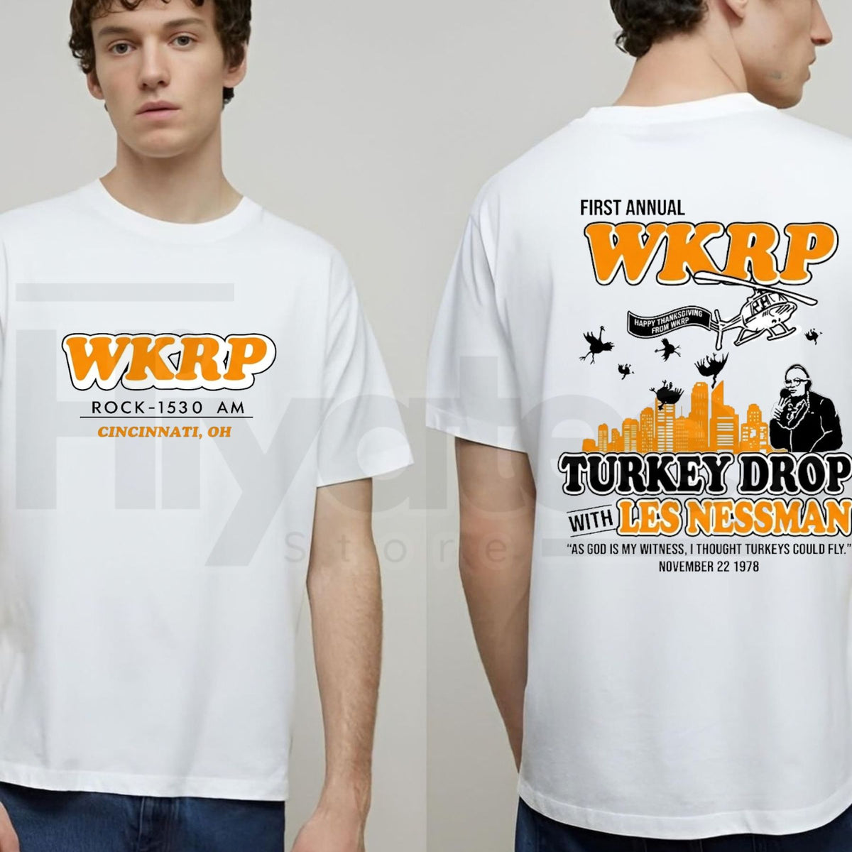 WKRP Turkey Drop Thanksgiving T-Shirt – Retro Les Nessman 1978 TV Comedy Graphic Tee - Hiyatee