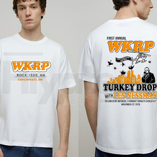 WKRP Turkey Drop Thanksgiving T-Shirt – Retro Les Nessman 1978 TV Comedy Graphic Tee - Hiyatee
