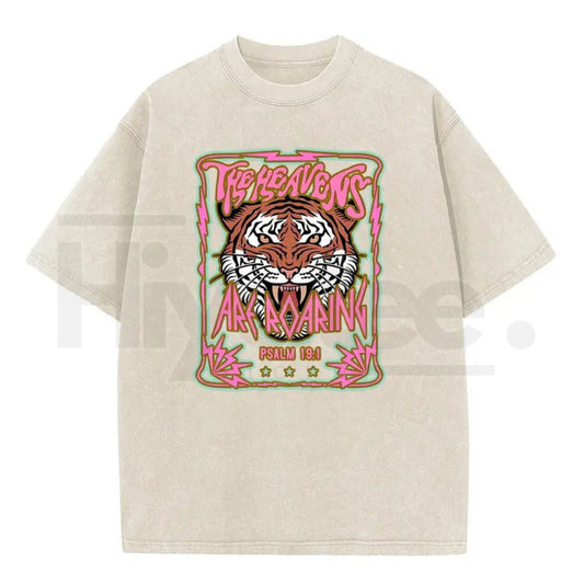 Wayii Fashion "The Heavens" Roaring Tiger Acid Wash Vintage T-Shirt - Hiyatee