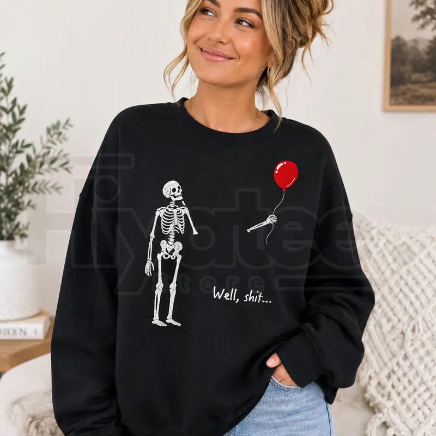 "Well Shit" Skeleton Balloon Embroidered Sweatshirt – Funny Sarcastic Skeleton Crewneck - Hiyatee