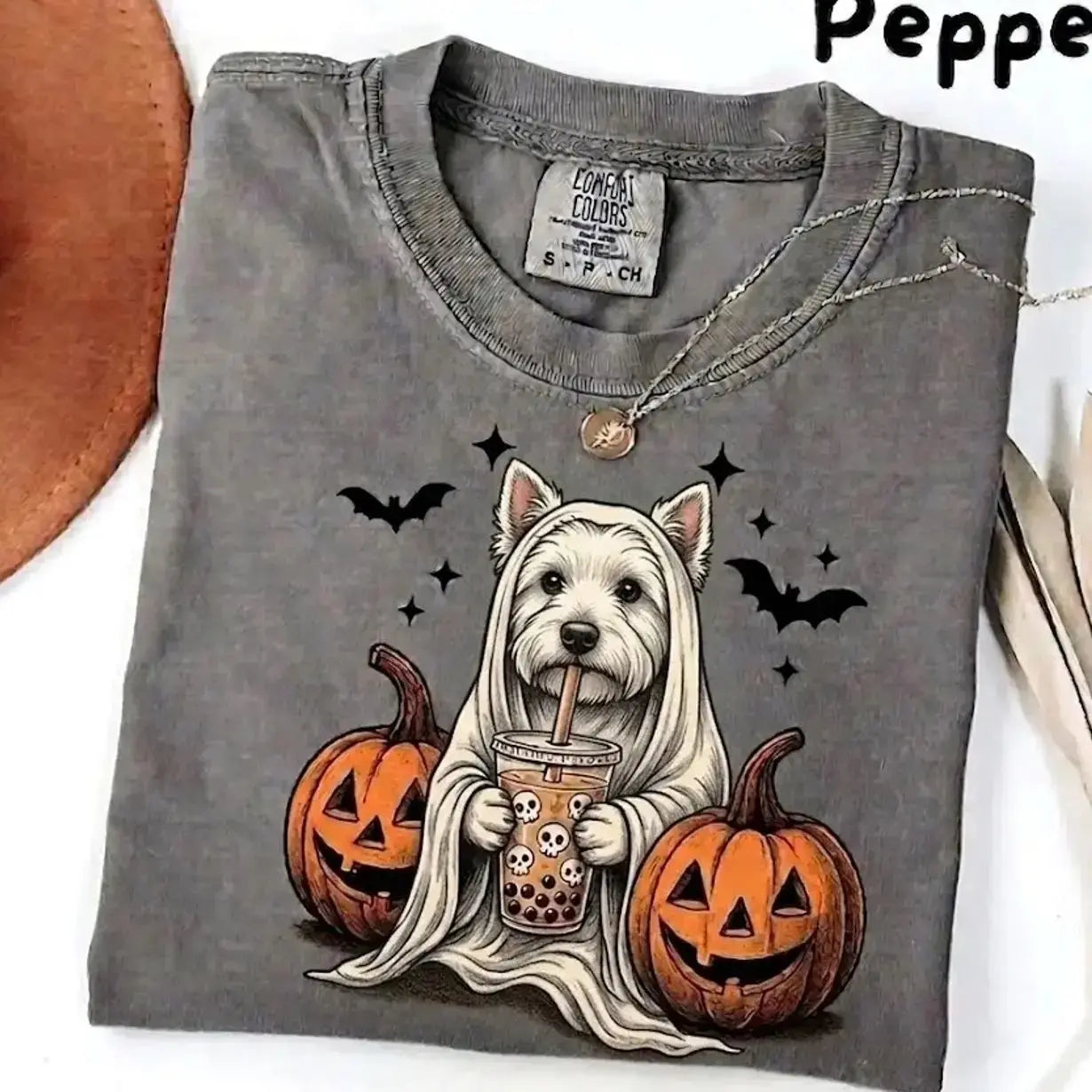 Comfort Colors Pepper Dog Shirt Custom Ghost Boba Tea Halloween Tee