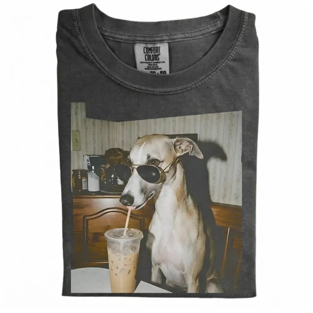 Comfort Colors 50+ Dog Breeds Available Drinking Iced Coffee Shirt – Vintage 90s Funny Edgy Dog Meme Tee, Unisex Casual Streetwear Gift