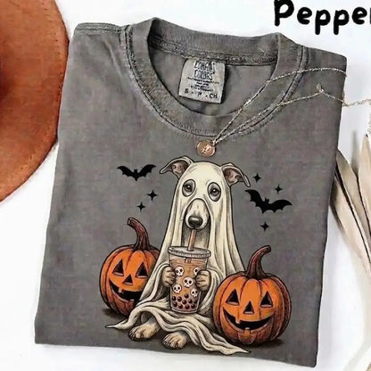 Comfort Colors Pepper Dog Shirt Custom Ghost Boba Tea Halloween Tee