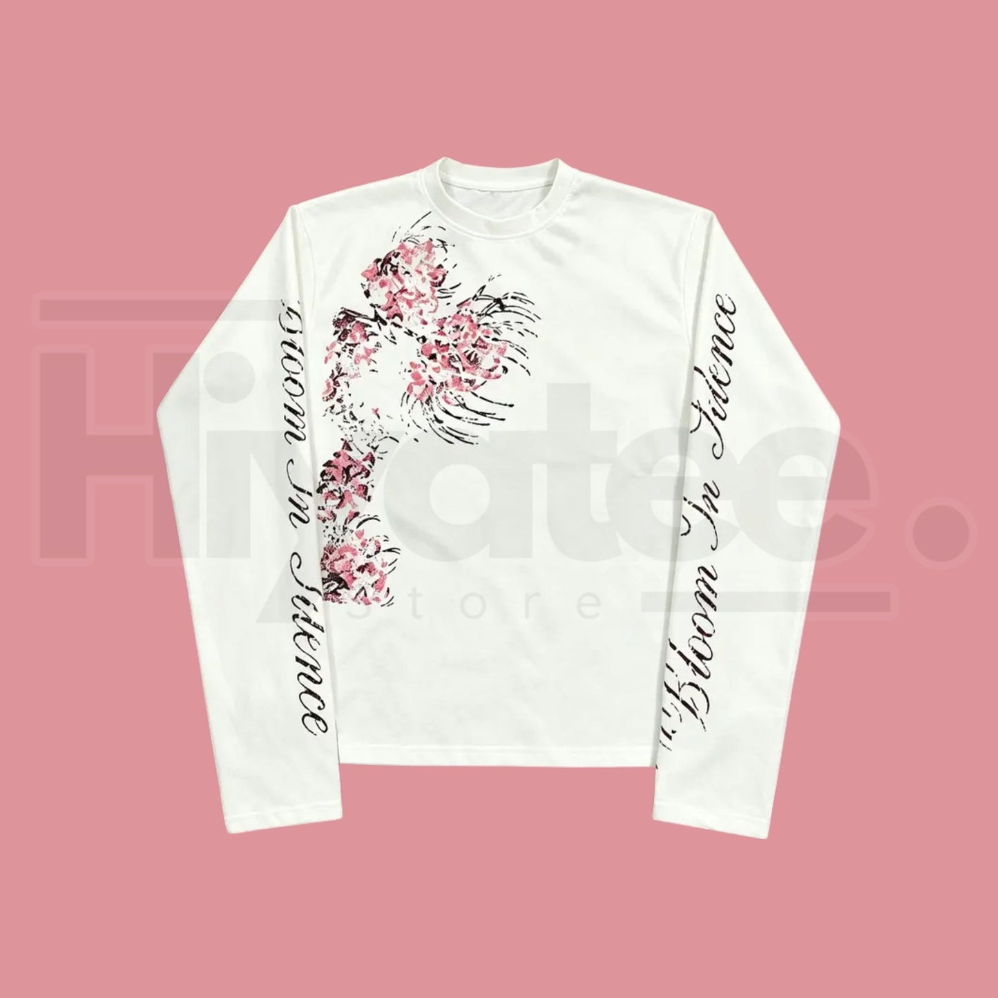 White Diagonal Floral Distressed Long Sleeve Tee – Vintage Cropped Slim Top - Hiyatee