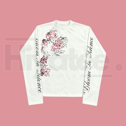  White Diagonal Floral Distressed Long Sleeve Tee – Vintage Cropped Slim Top - Hiyatee
