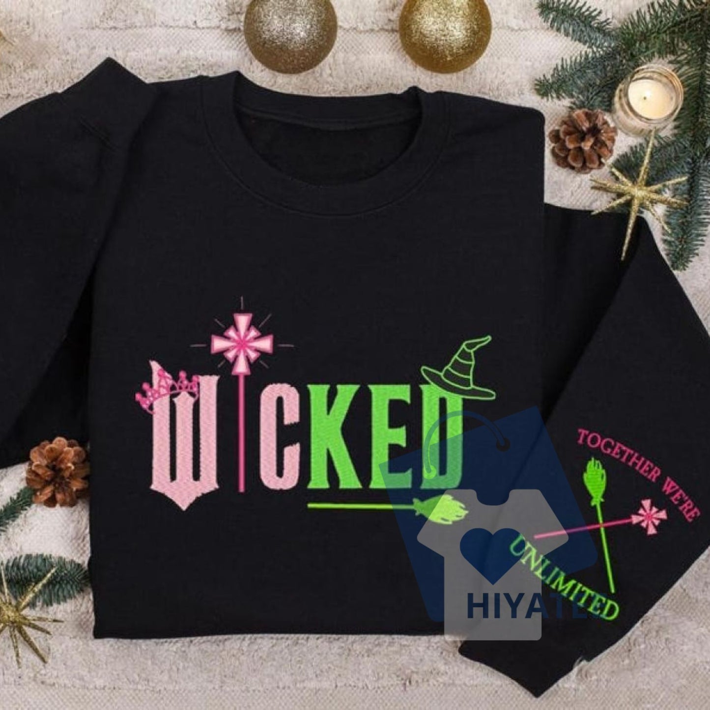 Wicked Embroidery Sweatshirt – “Together We’re Unlimited” Elphaba & Glinda Side Bow Crewneck, Wicked Musical Fan Apparel-Hiyatee
