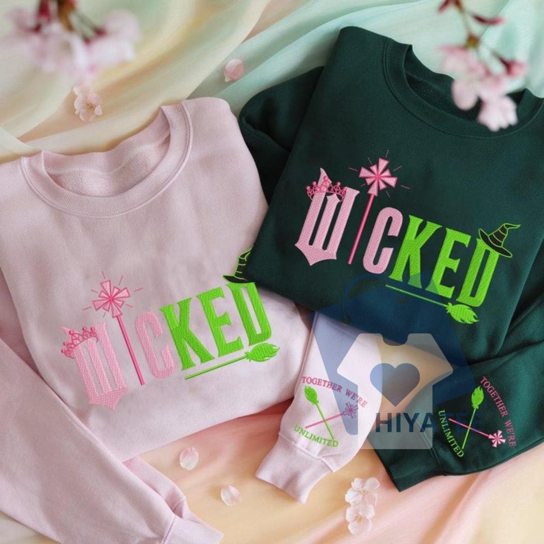 Wicked Embroidery Sweatshirt – “Together We’re Unlimited” Elphaba & Glinda Side Bow Crewneck, Wicked Musical Fan Apparel-Hiyatee