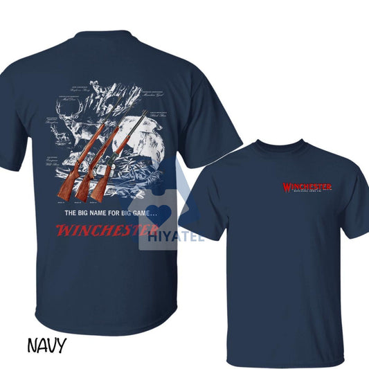 Winchester Big Game Graphic T-Shirt – Vintage Wildlife & Rifle Sketch, Classic Outdoor Tee for Men-Hiyatee