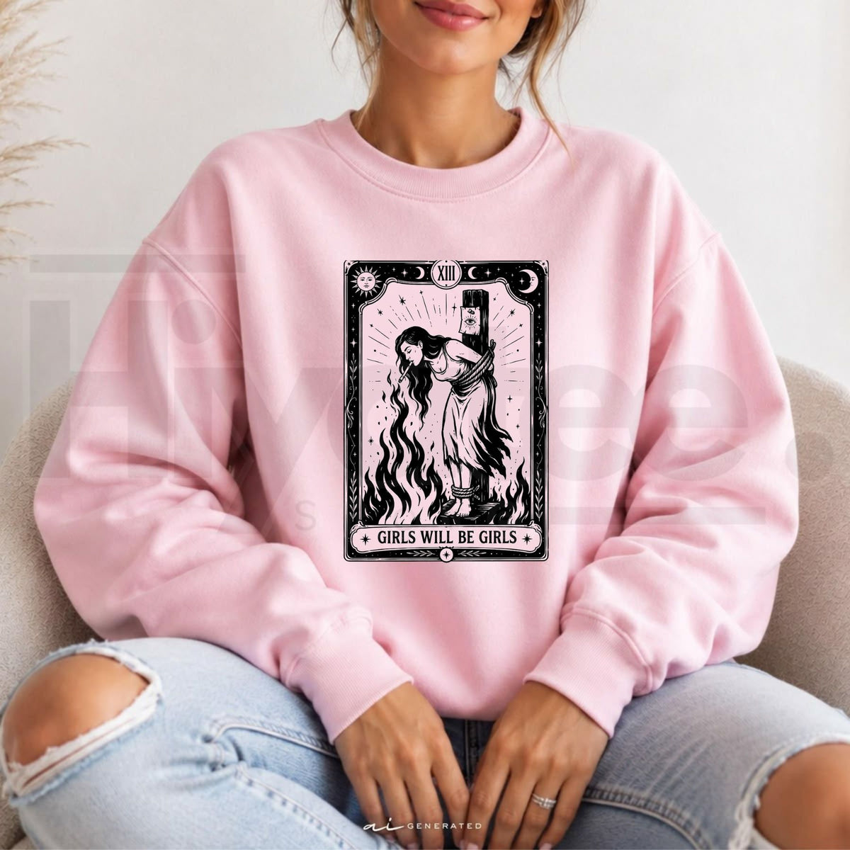Witch With Cigarette Sweatshirt, Girls Will Be Girls Feminist Halloween Graphic Pullover - Hiyatee