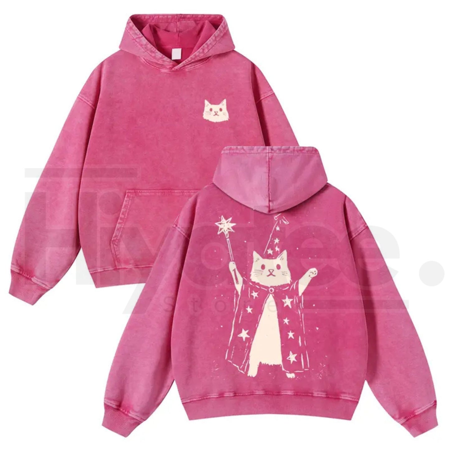 Wizard Cat Graphic Vintage Washed Hoodie – 380g Thick Cotton Blend, Oversize Unisex Pullover - Hiyatee