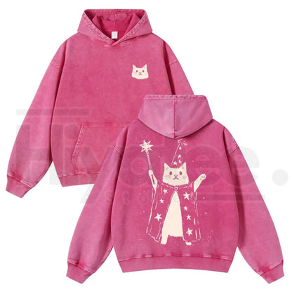 Wizard Cat Graphic Vintage Washed Hoodie – 380g Thick Cotton Blend, Oversize Unisex Pullover - Hiyatee