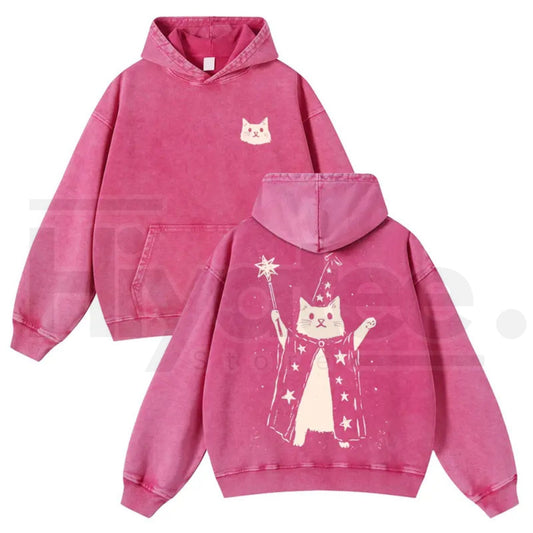 Wizard Cat Graphic Vintage Washed Hoodie – 380g Thick Cotton Blend, Oversize Unisex Pullover - Hiyatee
