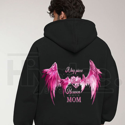 Women’s A Big Piece Of My Heart Lives In Heaven Mom Memorial Back Print Hoodie – Pink Angel Wings Heart Graphic Sweatshirt - Hiyatee