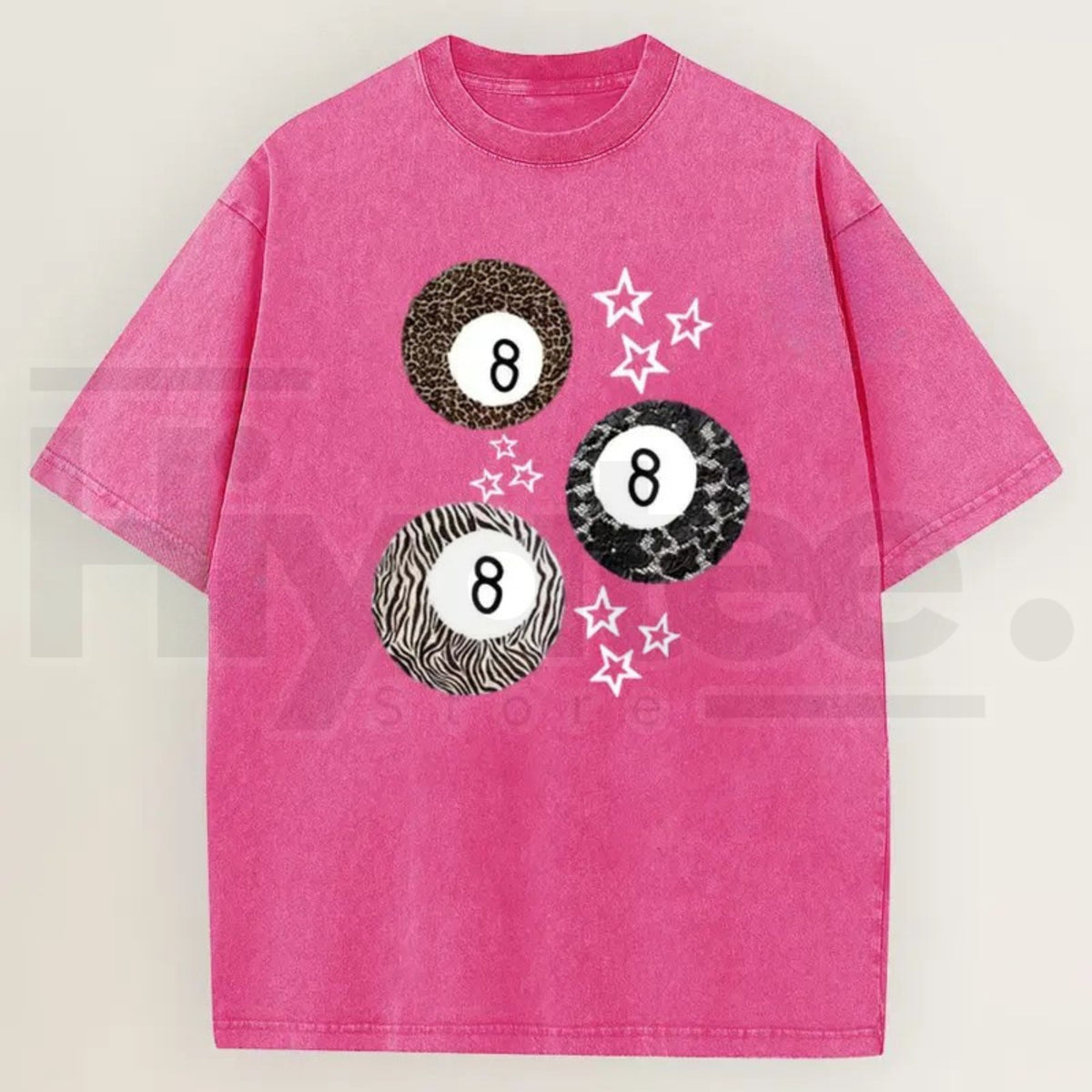 Women's Acid Wash 8 Ball Leopard & Stars Graphic T-Shirt – Retro Streetwear Cotton Tee  Hiyatee