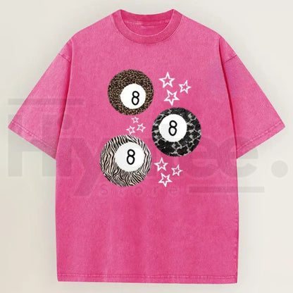 Women's Acid Wash 8 Ball Leopard & Stars Graphic T-Shirt – Retro Streetwear Cotton Tee  Hiyatee