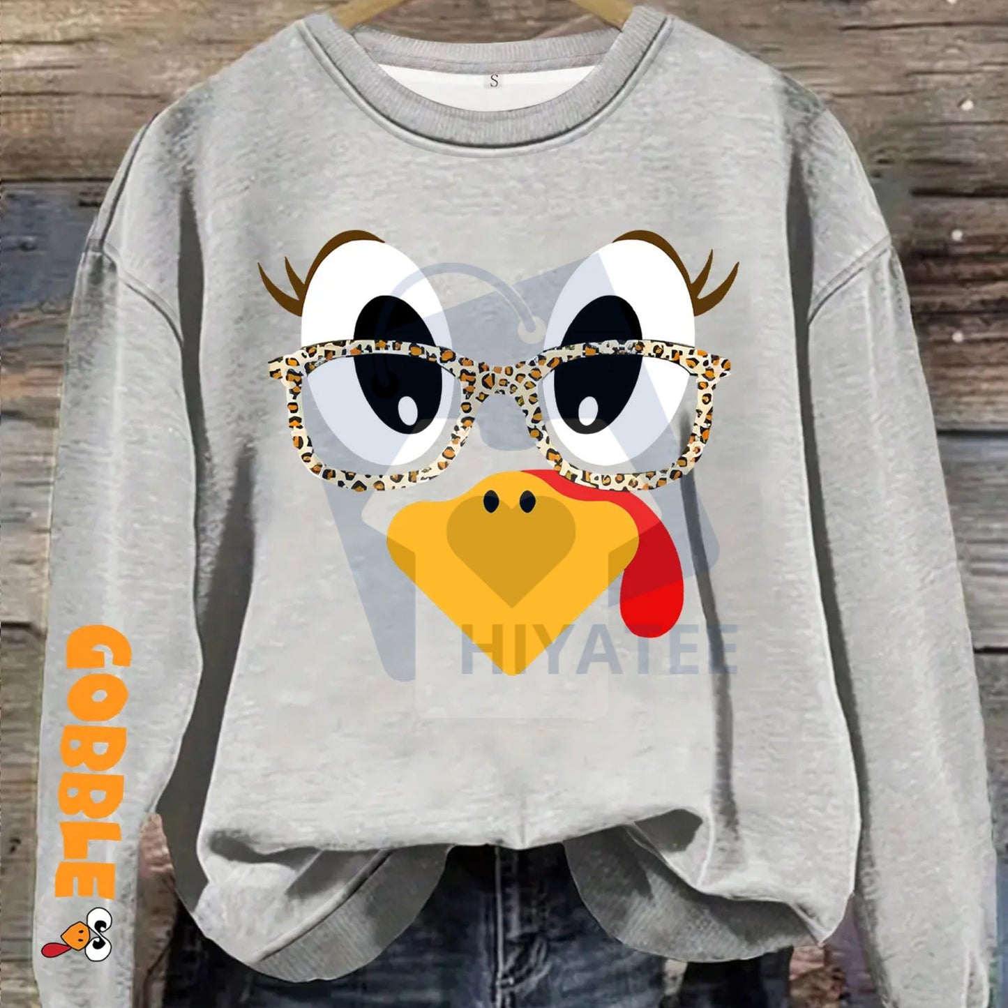 Women's Casual Thanksgiving Turkey Print Pullover Sweater: Soft Long Sleeve Round Neck Sweatshirt, Cute All-Season Holiday Wear - Hiyatee